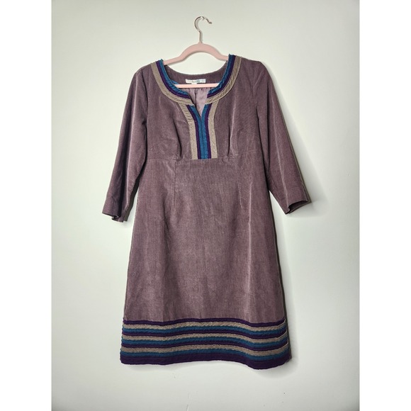 Boden Dresses & Skirts - Boden Corduroy Dress US10 Purple Brown Striped Trim Long‎ Sleeve Artsy Lagenlook